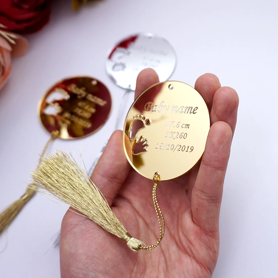 30pcs Custom Name Mirror Personalized 6cm Round Circle Babyshower Guest Invitation Card Gifts Kids Party Decor With Tassels