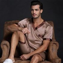Thoshine Sleepwear Clothing T-Shirt Shorts Pyjamas-Sets Silk Men Satin Autumn Male Summer
