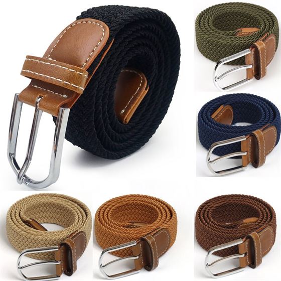 Men Elastic Stretch Waist Belt Black Canvas Stretch Braided Elastic Woven Leather Belt