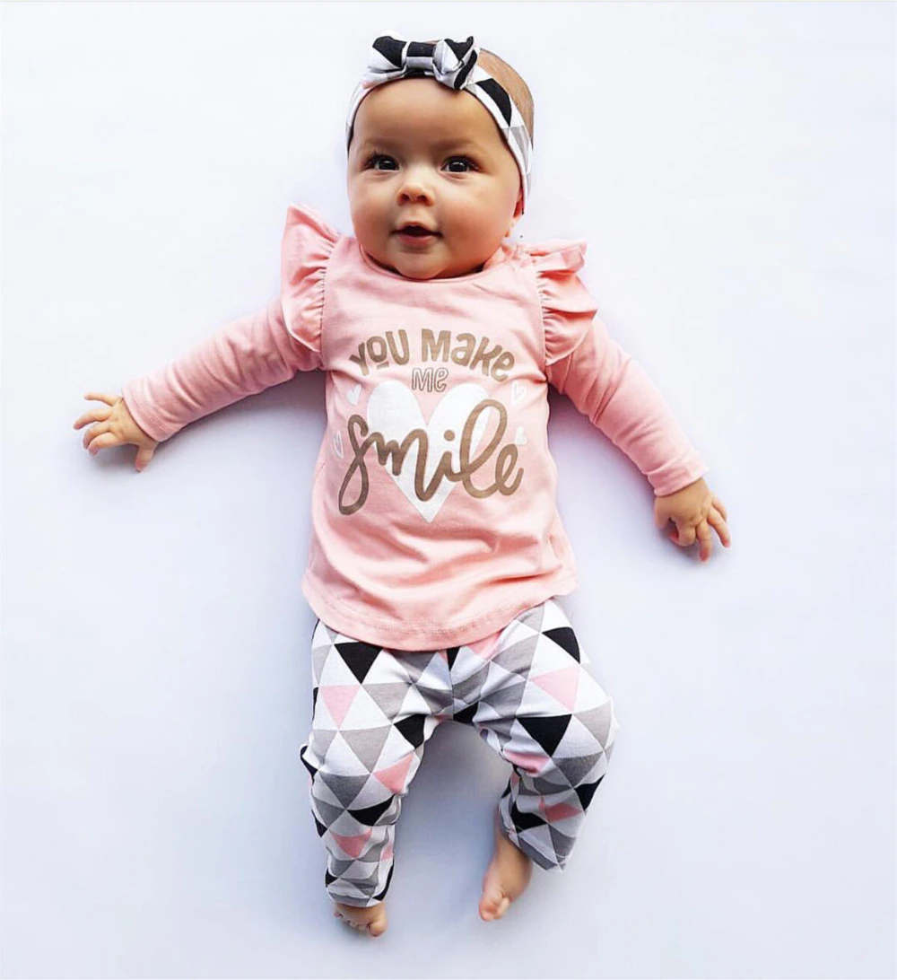 Infant T-Shirt Pants Headband Fall Newborn Baby-Girl Autumn Cotton