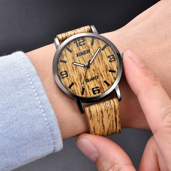 Watches for Men XINEW Wood Texture Imitation Wooden Retro Leather Quartz Watch erkek