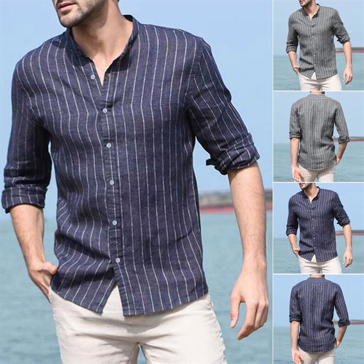 Camisa Masculina Shirts Blouse Long-Sleeve Streetwear Cotton-Linen Retro Striped Baggy