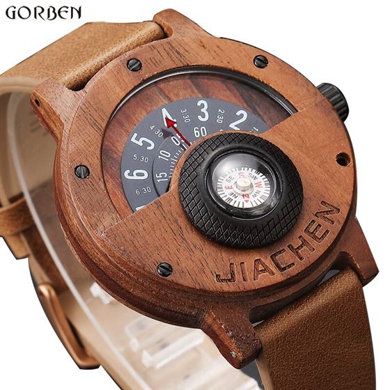 Fashion Compass Turntable Number Design Men Wooden Watch Men Brown Wood Leather Band Creative Natural Wood Wrist Watches Relogio