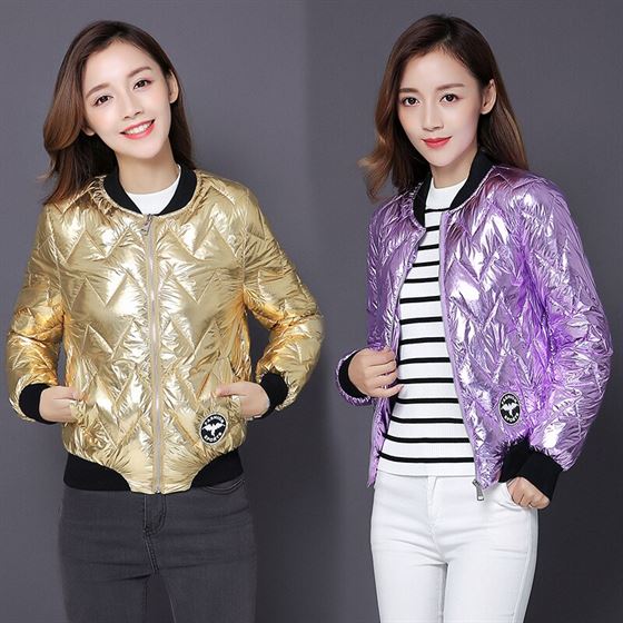 Bright Jacket Padded Parkas Coat Women Silver Fashion Winter Short Bomber-Outwear Cotton