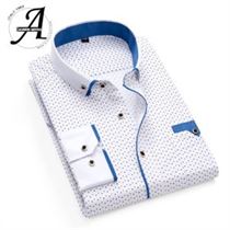 Men Shirt Male Dress Slim-Fit Printed Plaid-Polka-Dot Masculina Long-Sleeved 21-Colors