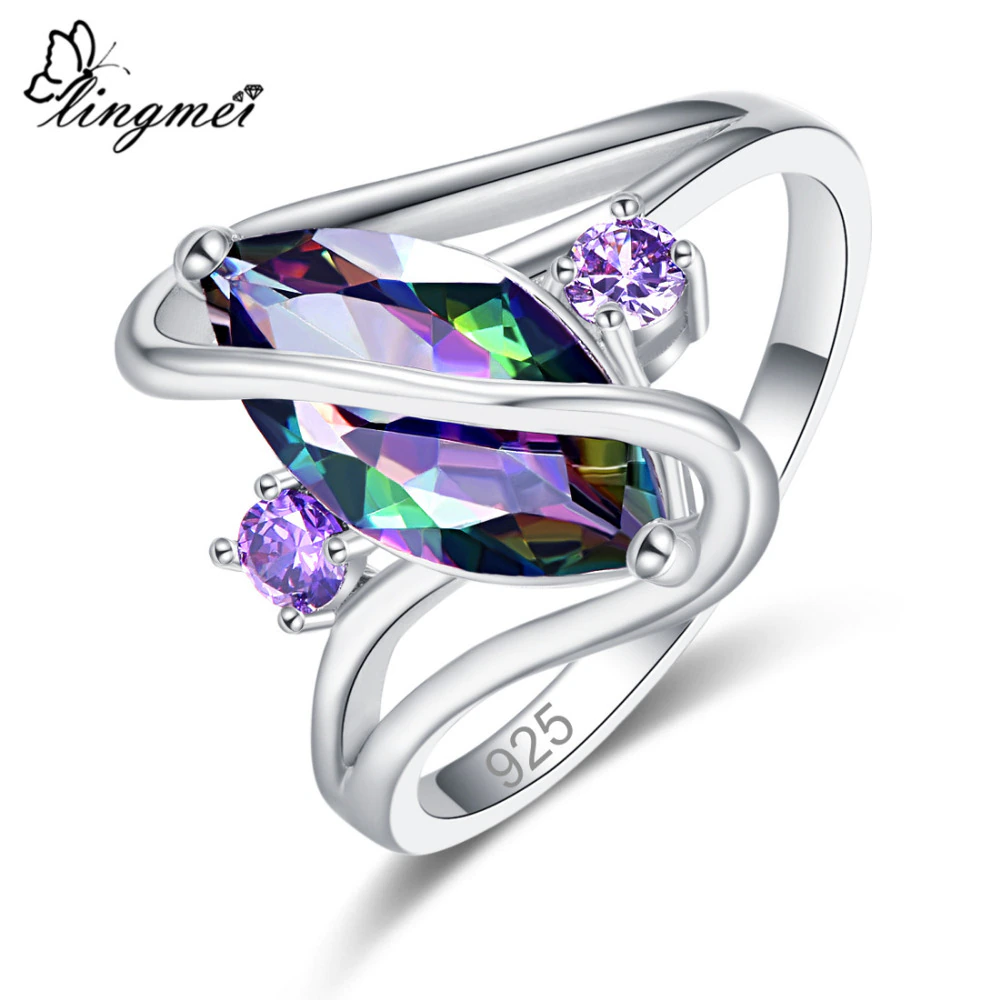 Lingmei Dropshipping Wedding Marquise Cut Multicolor Red Blue Green Cubic Zircon Silver 925 Ring Women Size 6 7 8 9 10 11 12