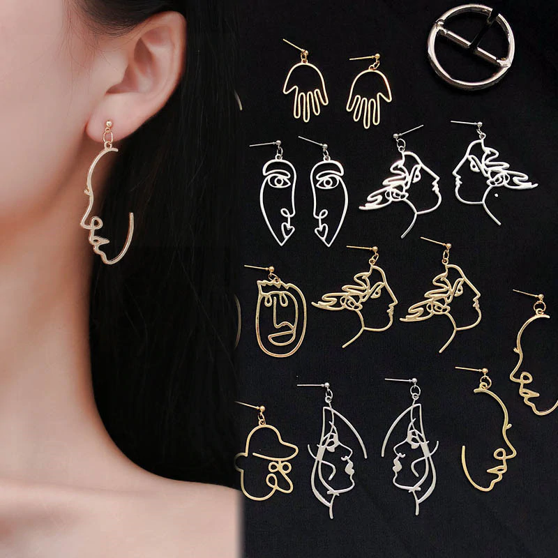 Punk Human Face Drop Earrings For Women Retro Abstract Hollow out Statement Hand Metal