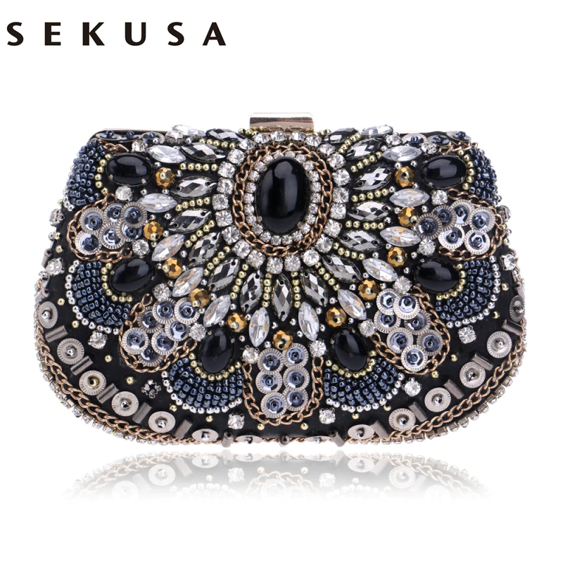 SEKUSA Clutch Purse Embroidery-Bags Beaded Wedding-Handbags Women 