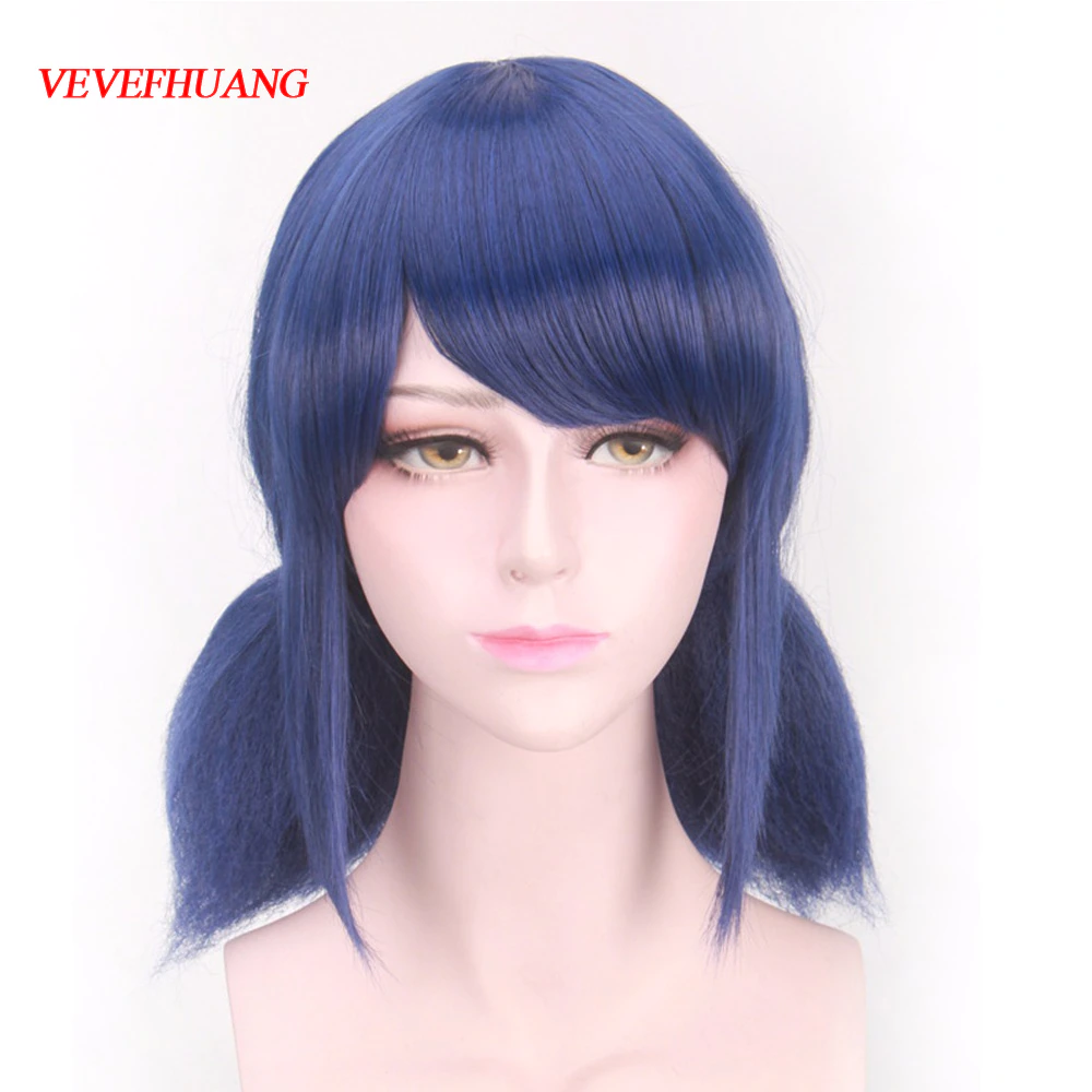 VEVEFHUANG Women Cosplay Wigs Short Braids Marinette Blue-Hair Double-Ponytail Girls
