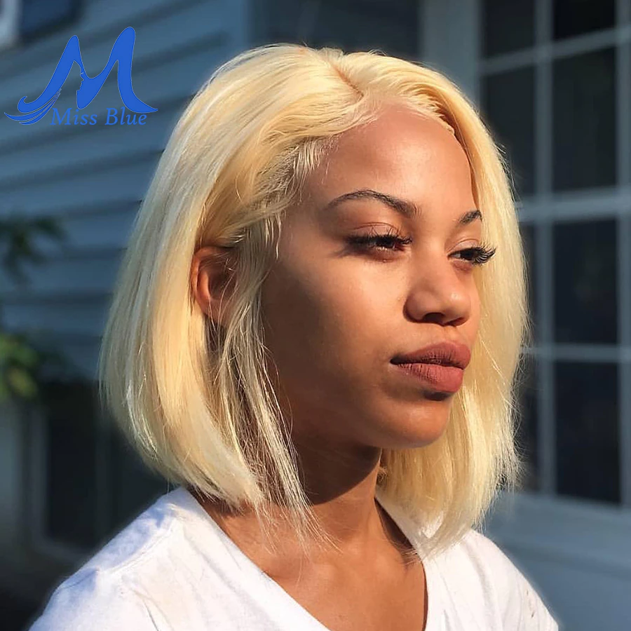 Missblue Wigs Blonde Human-Hair Short Bob Pre-Plucked hairline Lace-Front Straight Black Women