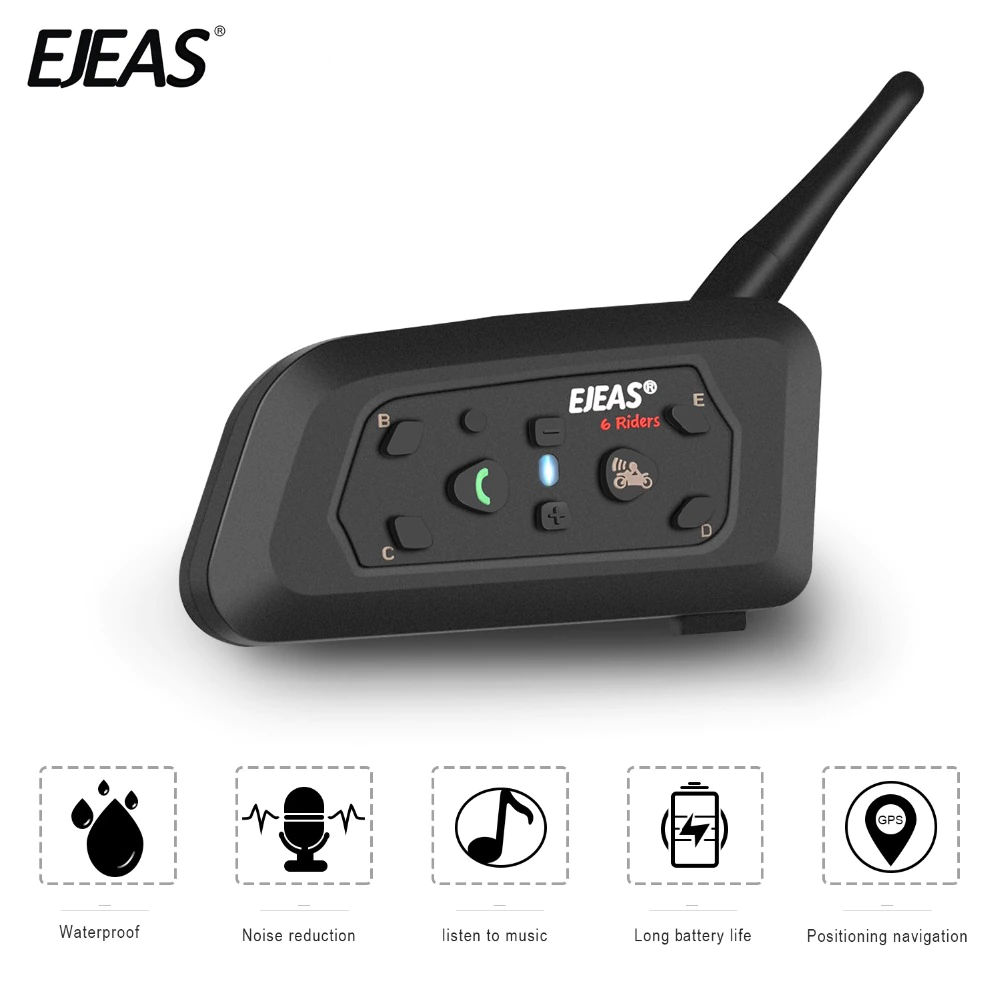 EJEAS Helmet Intercom Microphone-Kit Bluetooth-Headset Moto Music 6-Riders V6 Pro 1200m