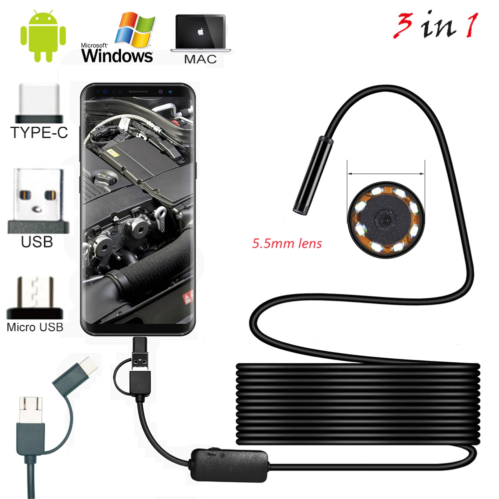 Endoscope Camera Led-Lighting Mini Waterproof Android-Type-C/usb 1m Wire for 2M