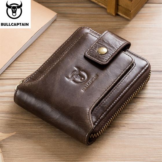 BULLCAPTAIN Coin Purse Wallet Organizer Pockets Zipper Slim Genuine-Leather Card-Holder