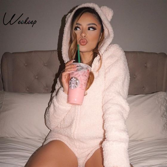 Weekeep Women Hooded Faux Long Sleeve Warm Playsuit White One Piece Casual Playsuits