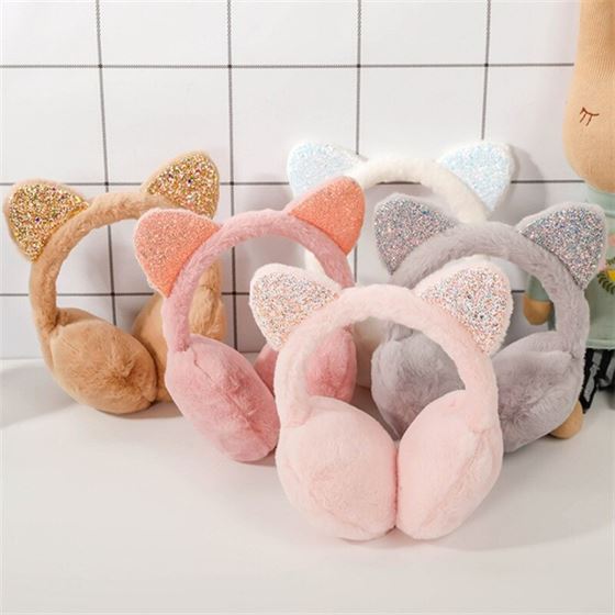Plush Earmuffs Headband Ear-Warmer Glitter Cat-Ears Foldable Girl Women Sequined Fur