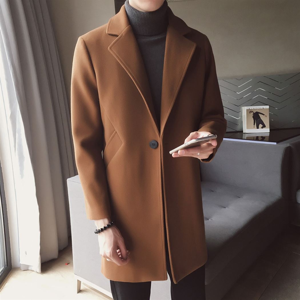 Wool Coat Long-Jacket Slim-Fit Brown Black Korean Winter Trend Warm Man Casaco No Masculino