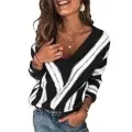 Lady Sweater Pullover Office Minimalist Korean-Style V-Neck-Striped Plus-Size Winter Women's