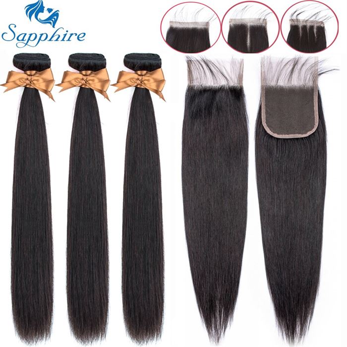 Sapphire Straight-Bundles Closure Hair-Extension Brazilian-Hair with Weave