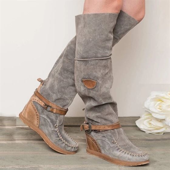 Monerffi Women Boots Shoes Buckle-Fringe Low-Heel Thigh Over-The-Knee Flat Slim