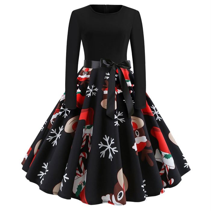 Vintage Robe Christmas-Dresses Women Dress O-Neck Long-Sleeve Print Black Elegant Winter