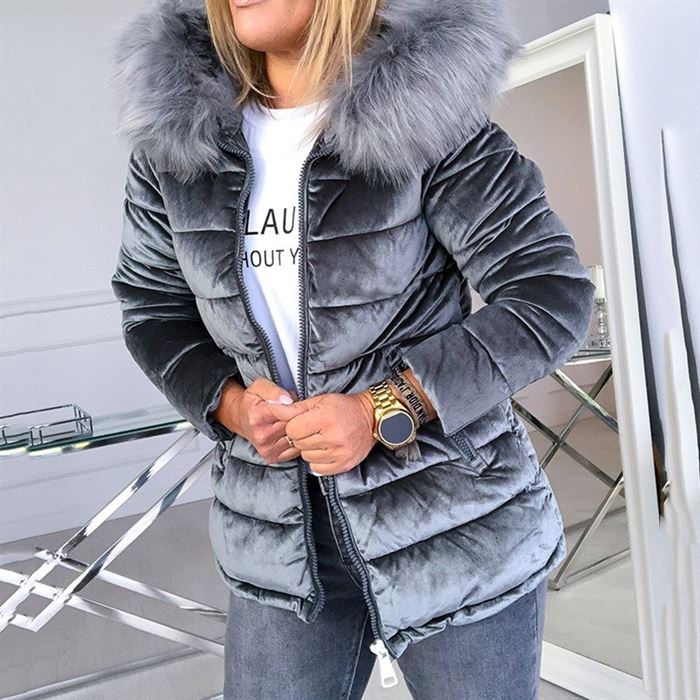 Jacket Coat Outerwear Hood-Fur-Collar Velvet Gray Snow Basic Pink Thick Winter Fashion