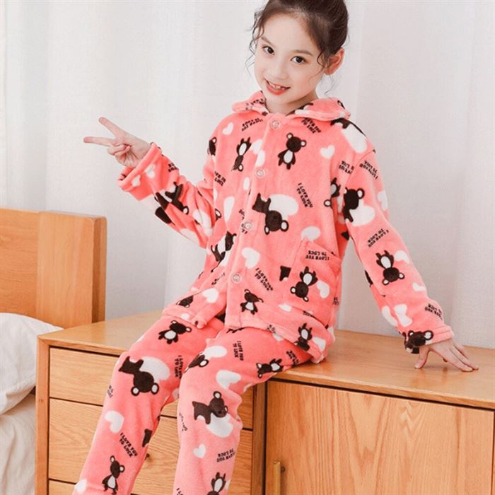 Fleece Pajamas Homewear Flannel Winter Cartoon Children Warm Coral LOOZYKIT