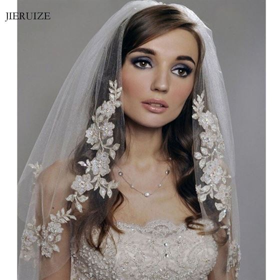 JIERUIZE Wedding-Veils Short Lace Ivory White Comb Cheap 