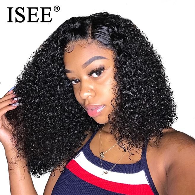 ISEE Wigs Short Human-Hair-Wigs Lace-Frontal Remy Women Bob Curly for 360 Brazilian