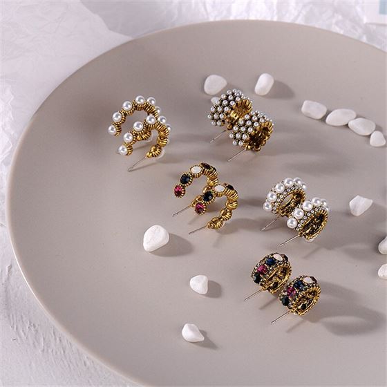 Temperament Retro Simulation Pearl Colorful Rhinestone Earrings Personality Fashion Exquisite Small Hoop Earrings