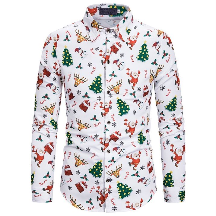 Mens Blouse Shirt Cotton Long-Sleeve Printed Christmas-Style Casual Single-Breasted Fashion