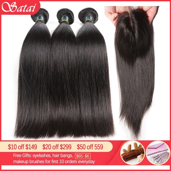 Satai Hair-Bundles Closure Brazilian-Hair Straight with Weave 8-40inch