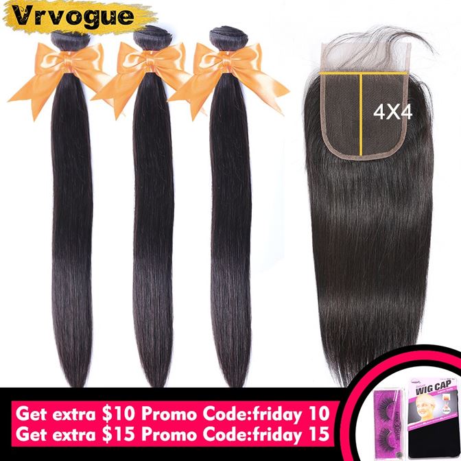 Vrvogue Hair-Bundles Closure Human-Hair Remy Straight Peruvian with Three/free-Part