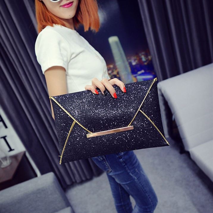 Black Handbag Envelope Clutches Evening-Bag-Pouch Party-Bag Gold Purses Sequins Sparkling