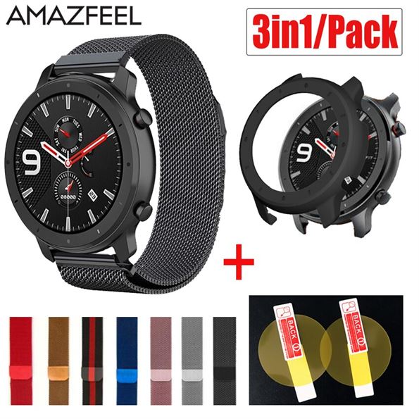 3in1 For Amazfit GTR 47mm Strap Case Protector Film Stainless Steel Magnetic Bracelet For Amazfit gtr 47mm 42mm watch strap Case