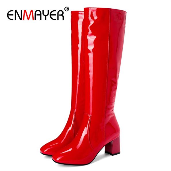 ENMAYER Zip-Rainboots Square Toe Thigh White High-Over-The-Knee Women Solid PU Microfiber
