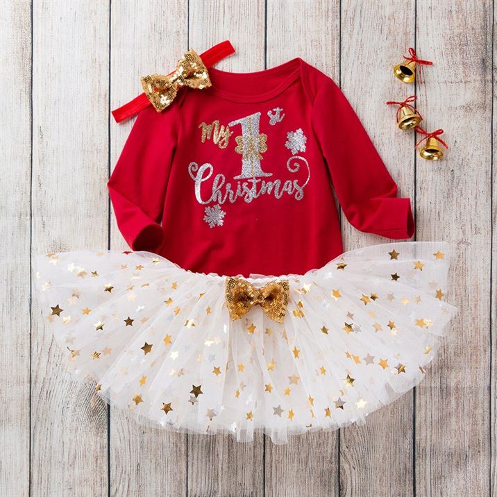 Hairband-Set Tutu-Dress Romper Christmas-Day Toddler Baby-Girl My First Tops