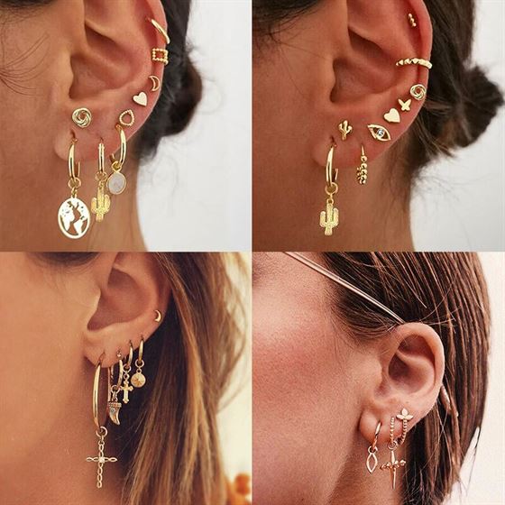 Vintage Mixed Metal Drop Dangle Earrings Set For Women Female Gold Crystal Moon Star