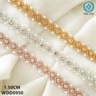 (1 YARD) Bridal beaded pearl Rhinestone Applique trim gold iron on for wedding dress belt  WDD0950